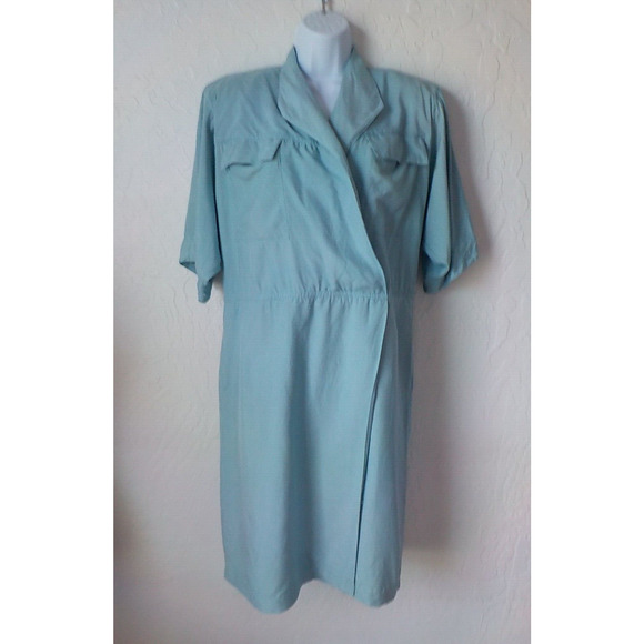 VTG 100% Silk Oleg Cassini Blue Teal Midi Dress Women 8 Faux Wrap Utility 90s - Picture 11 of 11